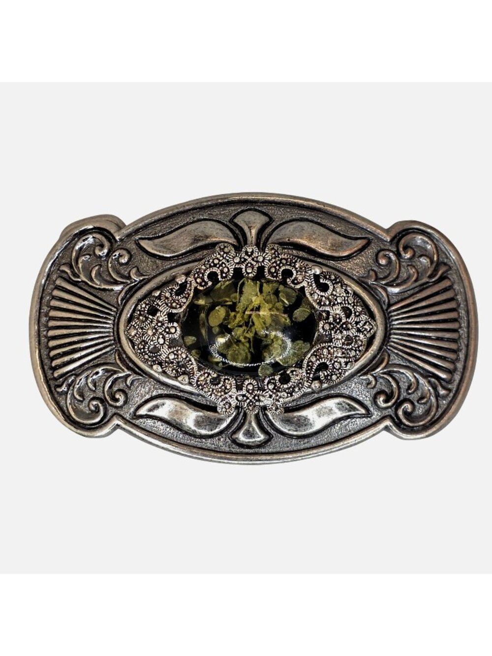 Vintage Western Style Belt Buckle With Green Floral Stone Accent Ornate